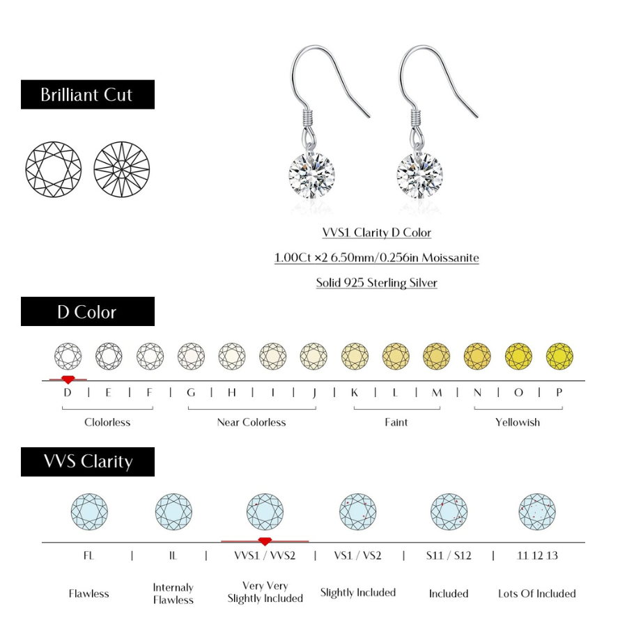 1CT D Color Moissanite Hook Earrings – 925 Sterling Silver