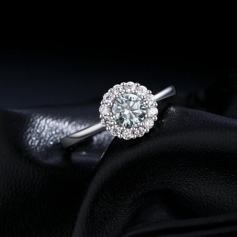 Green Teal Moissanite Halo Ring – 925 Sterling Silver
