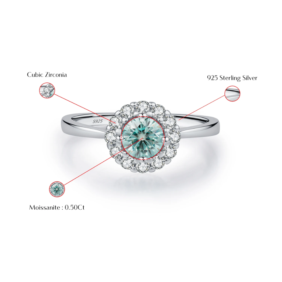 Green Teal Moissanite Halo Ring – 925 Sterling Silver