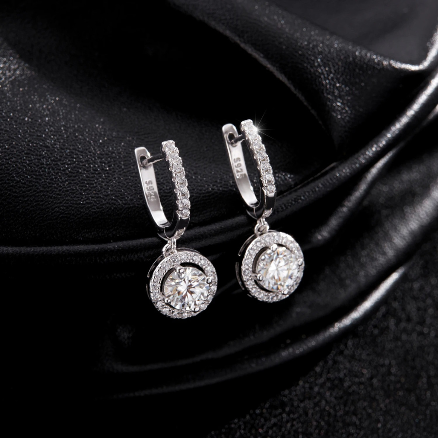 D Color Moissanite Halo Drop Earrings – 925 Sterling Silver