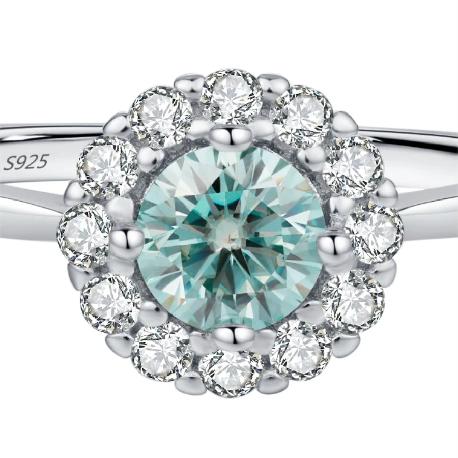 Green Teal Moissanite Halo Ring – 925 Sterling Silver