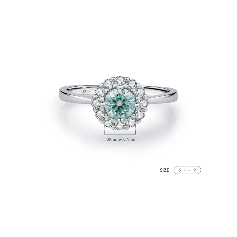 Green Teal Moissanite Halo Ring – 925 Sterling Silver