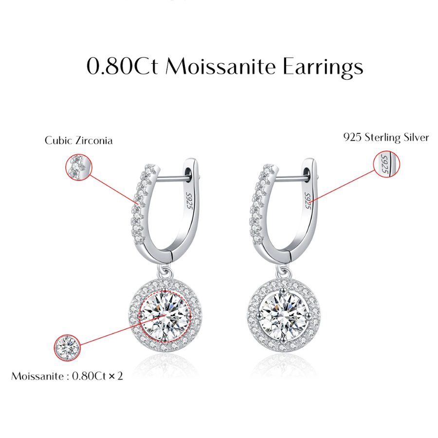 D Color Moissanite Halo Drop Earrings – 925 Sterling Silver