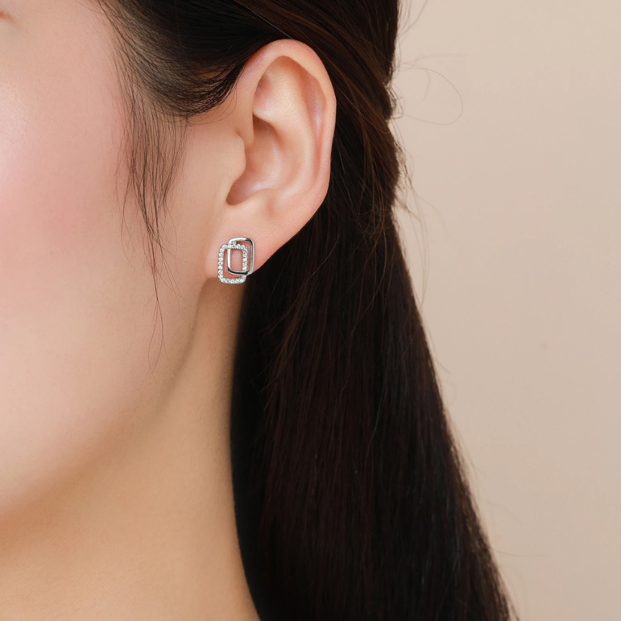 Modern Double Geometric CZ Earrings – 925 Sterling Silver
