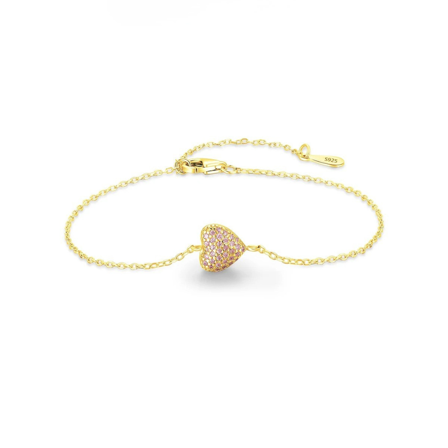 18K Romantic Pink Zircon Heart Bracelet – 925 Sterling Silver