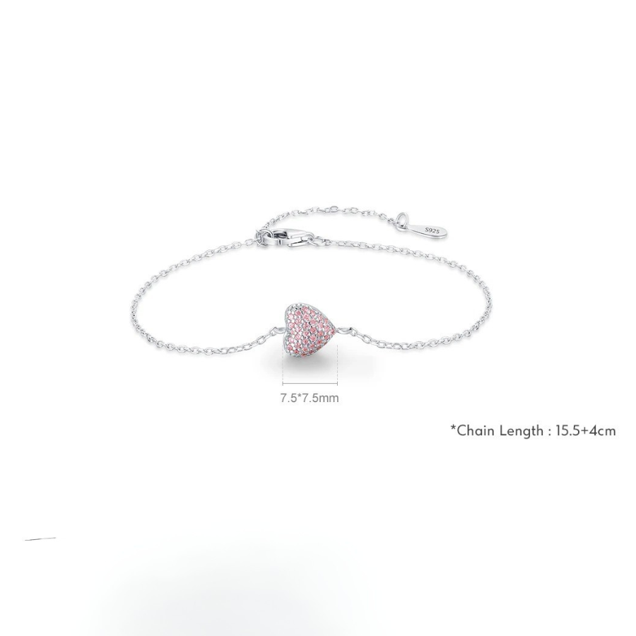 18K Romantic Pink Zircon Heart Bracelet – 925 Sterling Silver