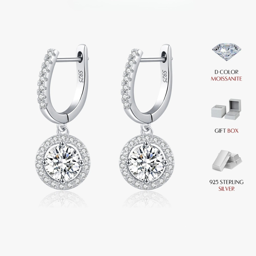 D Color Moissanite Halo Drop Earrings – 925 Sterling Silver