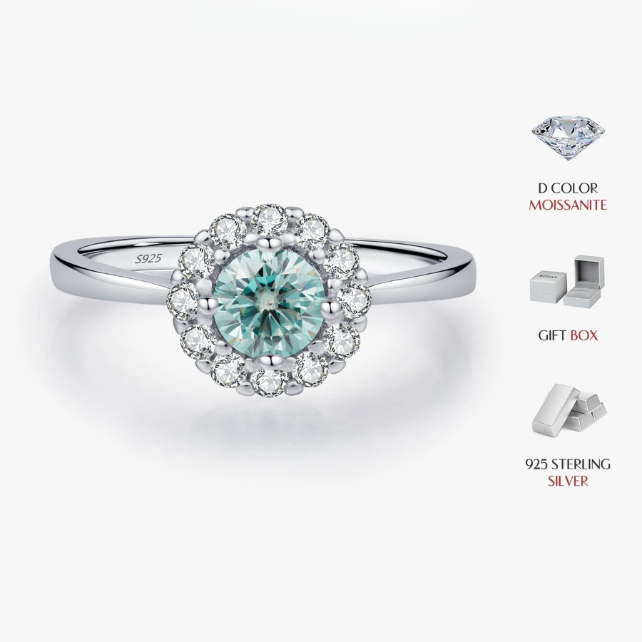 Green Teal Moissanite Halo Ring – 925 Sterling Silver