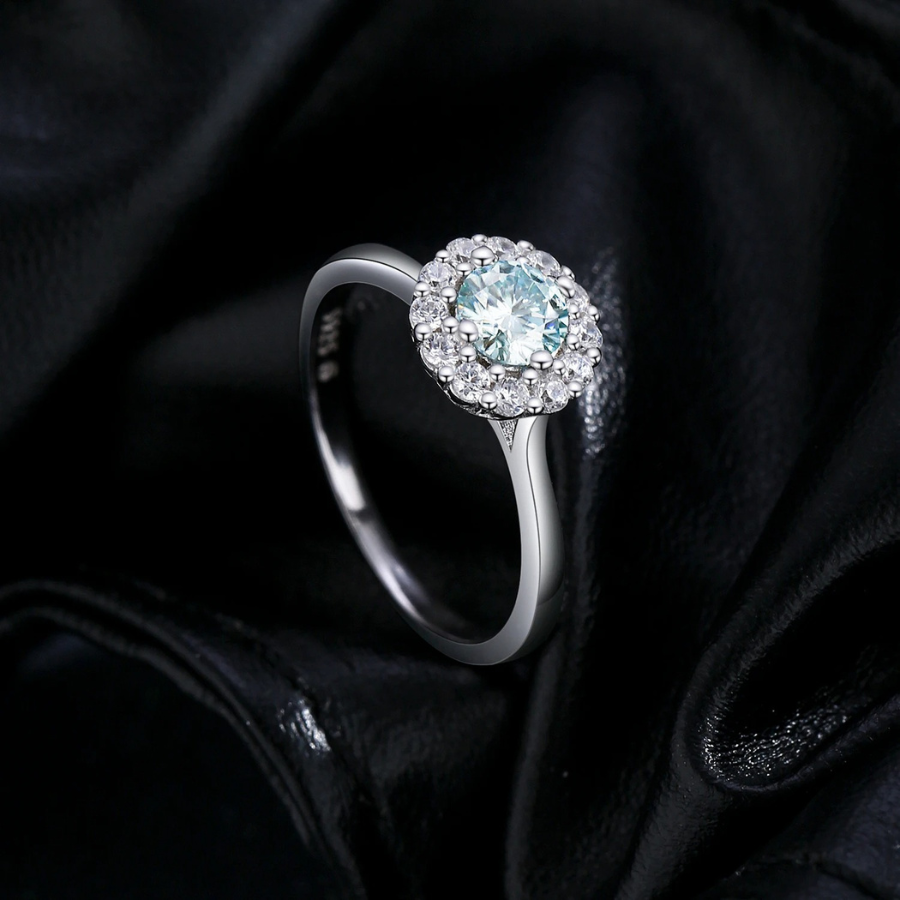 Green Teal Moissanite Halo Ring – 925 Sterling Silver