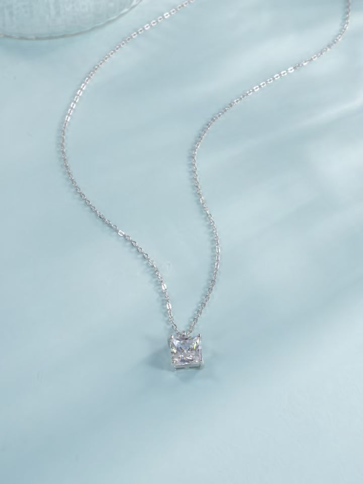 18K Elegant Square CZ Necklace – Platinum Plated 925 Sterling Silver Fine Jewelry